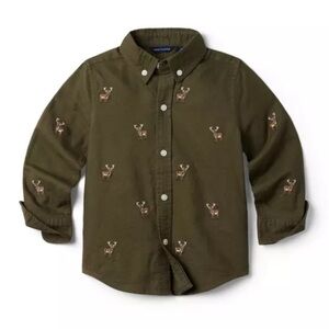 Janie and Jack Forest Green Deer Buck and Woodland Embroidered Button Down Shirt